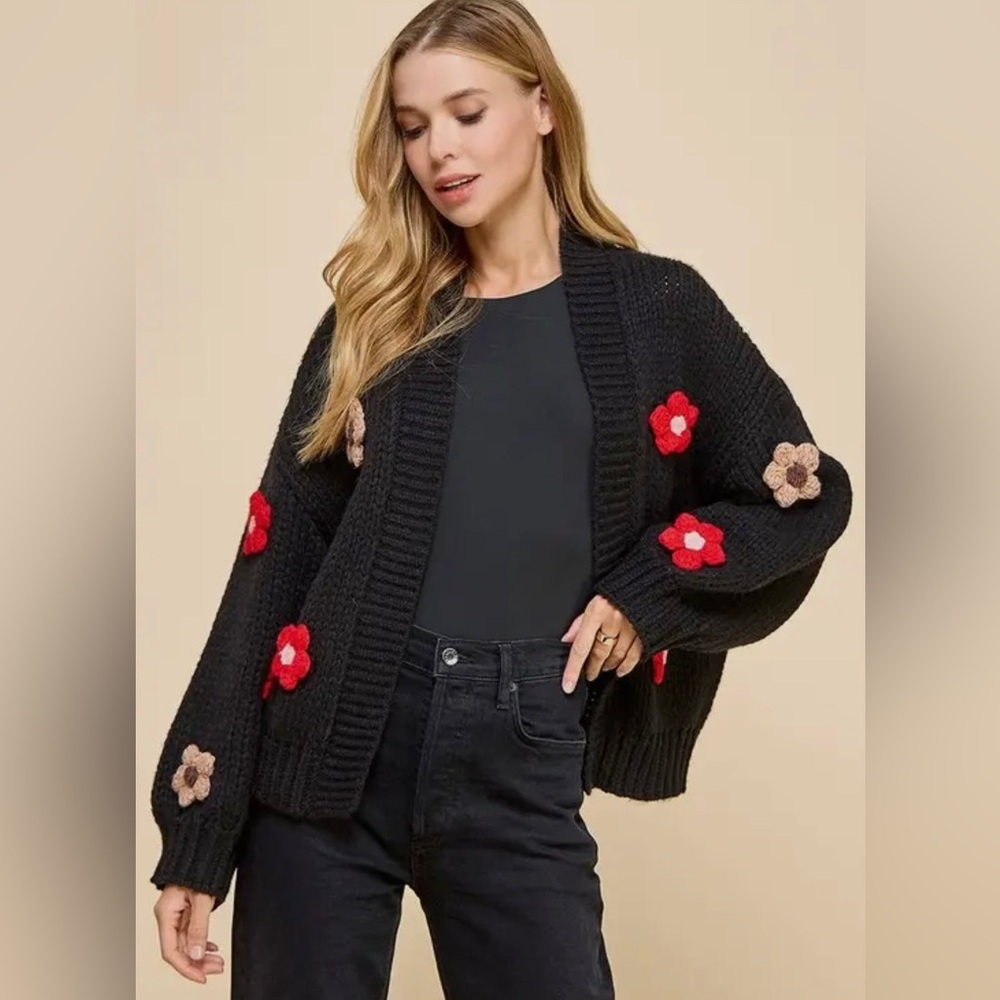 Floral Appliqué Open Front Knit Cardigan - Picture 3 of 11